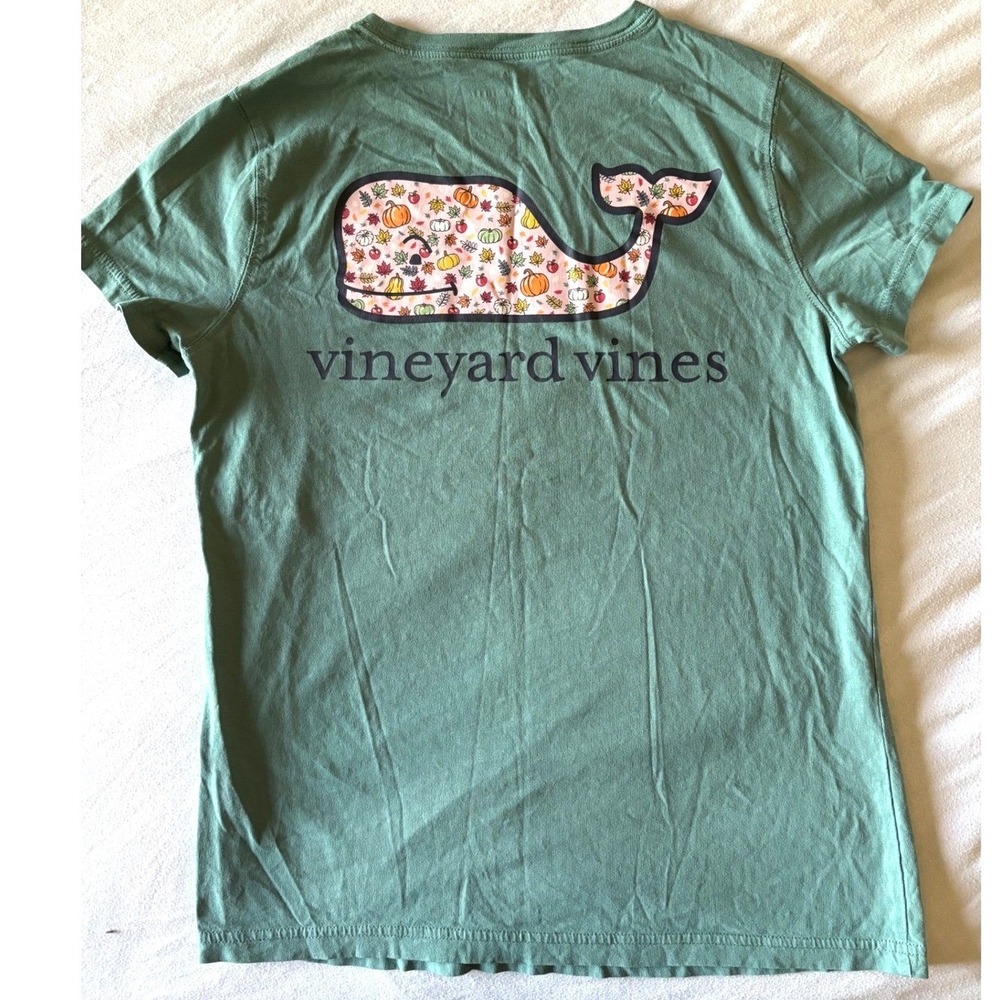 Vineyard Vines Pocket T-Shirt Womens XS Teal Fall Pumpkin Preppy Autumn Cottage